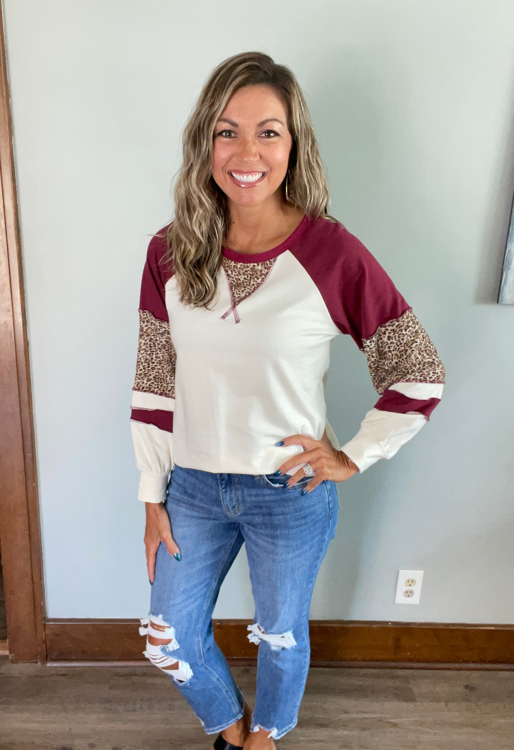 Burgundy & Leopard Block Sleeve Top