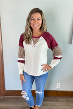 Load image into Gallery viewer, Burgundy &amp; Leopard Block Sleeve Top