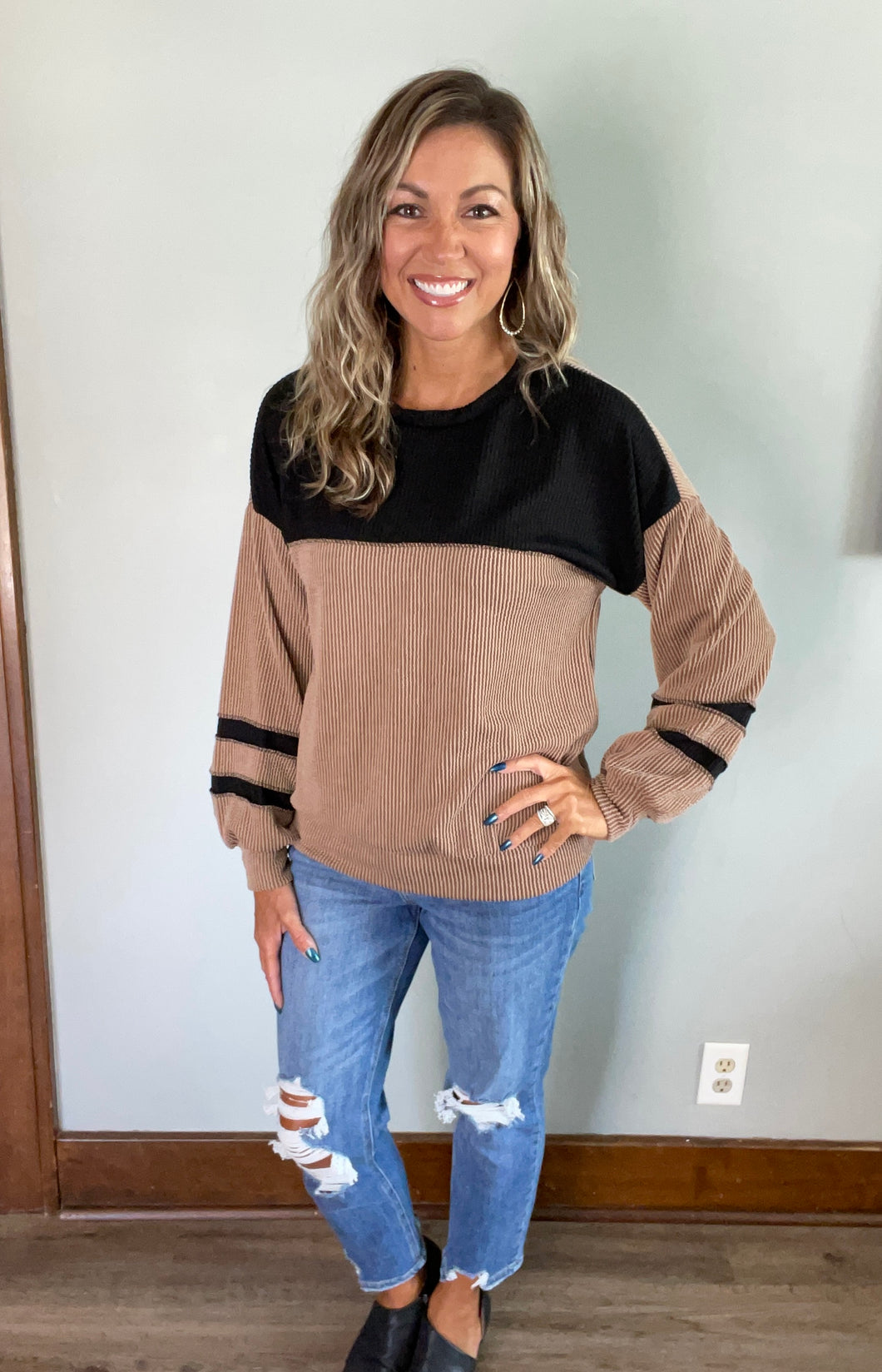 Mocha Ribbed Colorblock Top