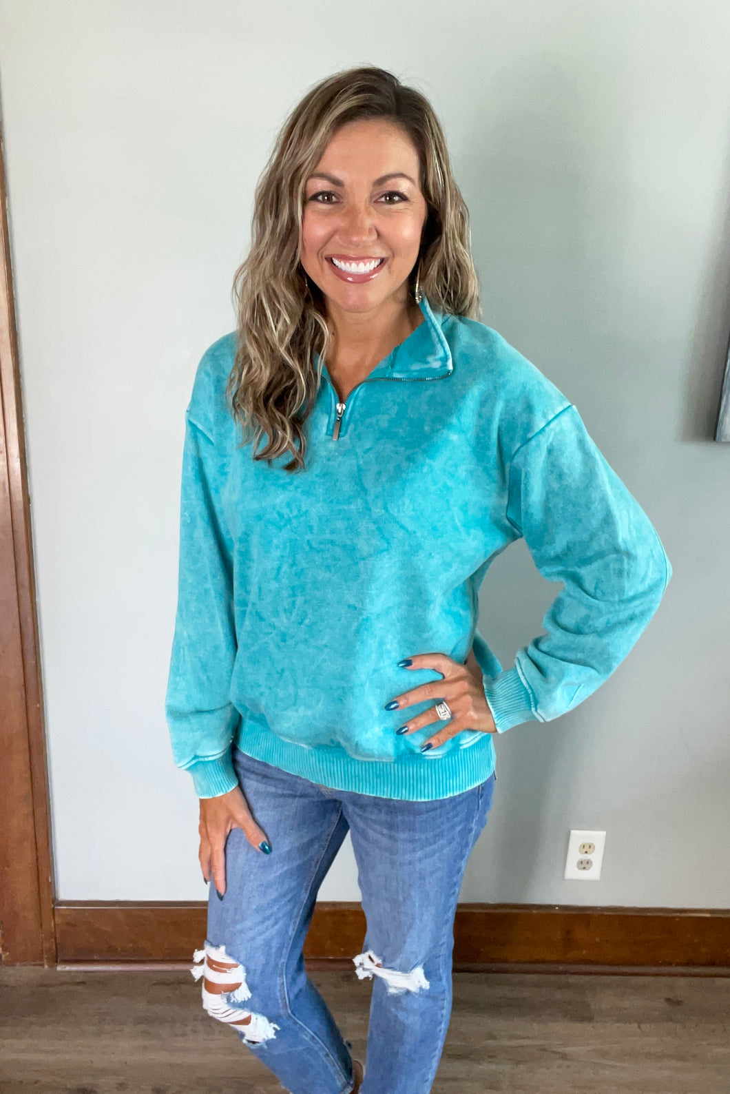 LT Teal Acid Wash Half Zip Pullover