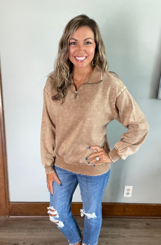 Deep Camel Acid Wash Half-Zip Pullover