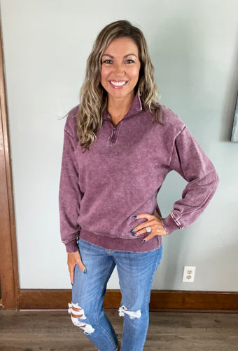 Eggplant half-zip acid wash pullover