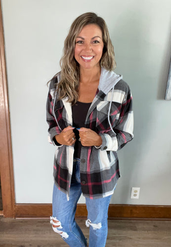 Black plaid fleece shacket with hood