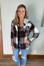 Load image into Gallery viewer, Black plaid fleece shacket with hood