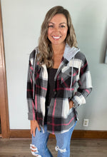 Load image into Gallery viewer, Black plaid fleece shacket with hood