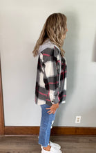 Load image into Gallery viewer, Black plaid fleece shacket with hood