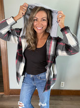 Load image into Gallery viewer, Black plaid fleece shacket with hood