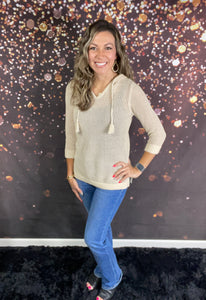 Cream knit hoodie w/tassel drawstrings