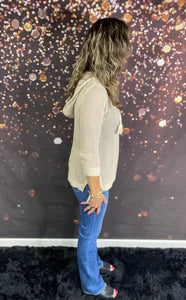 Cream knit hoodie w/tassel drawstrings