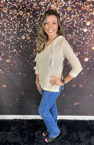 Cream knit hoodie w/tassel drawstrings
