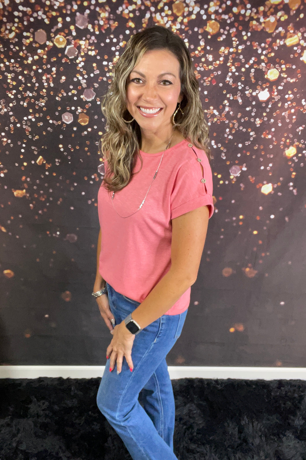 Coral button shoulder top