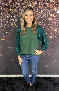 Hunter green top w/sequins sleeves