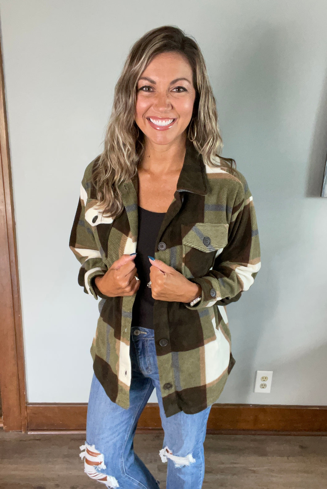 Olive Plaid Fleece Shacket
