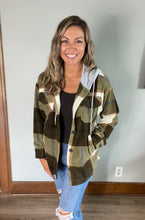 Load image into Gallery viewer, Olive plaid fleece shacket with hood
