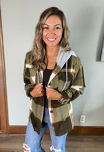 Load image into Gallery viewer, Olive plaid fleece shacket with hood
