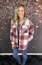 Load image into Gallery viewer, Maroon and navy fur lined shacket with hoodie