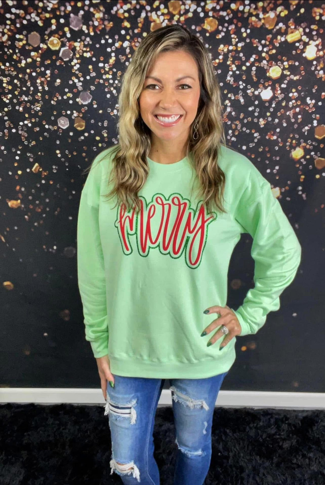 Neon mint Merry Glitter and puff sweatshirt