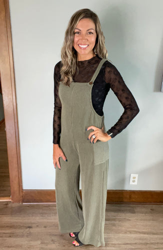 Olive Ribbed Overall Jumpsuit