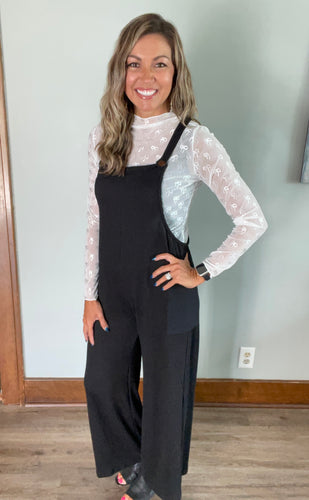 Black Ribbed Overall Jumpsuit