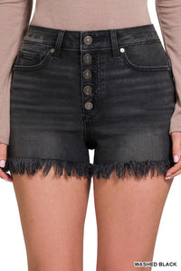 Washed black button fly frayed hem shorts