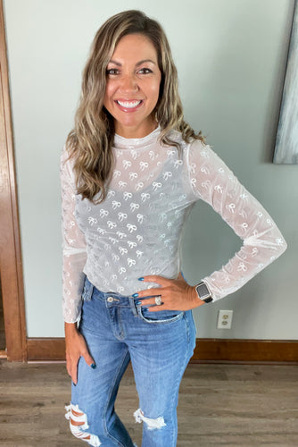 White Bow Mesh Top