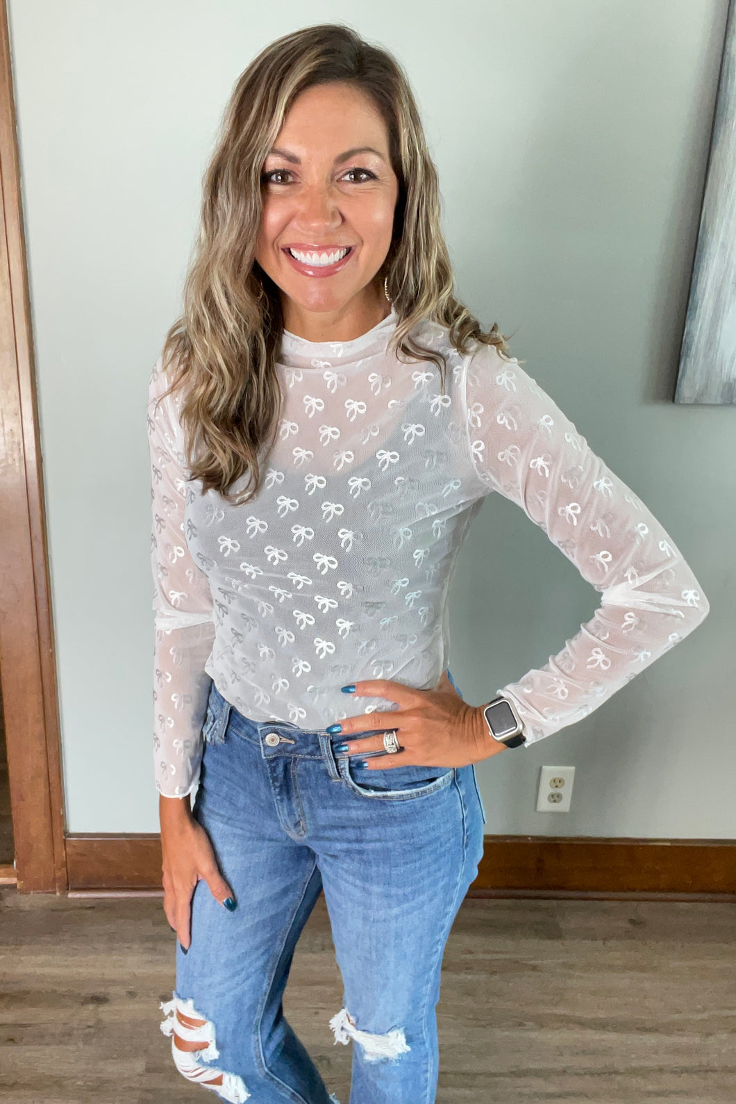 White Bow Mesh Top