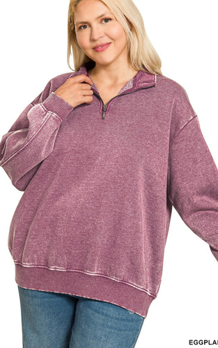 Eggplant Acid Wash Half Zip Pullover