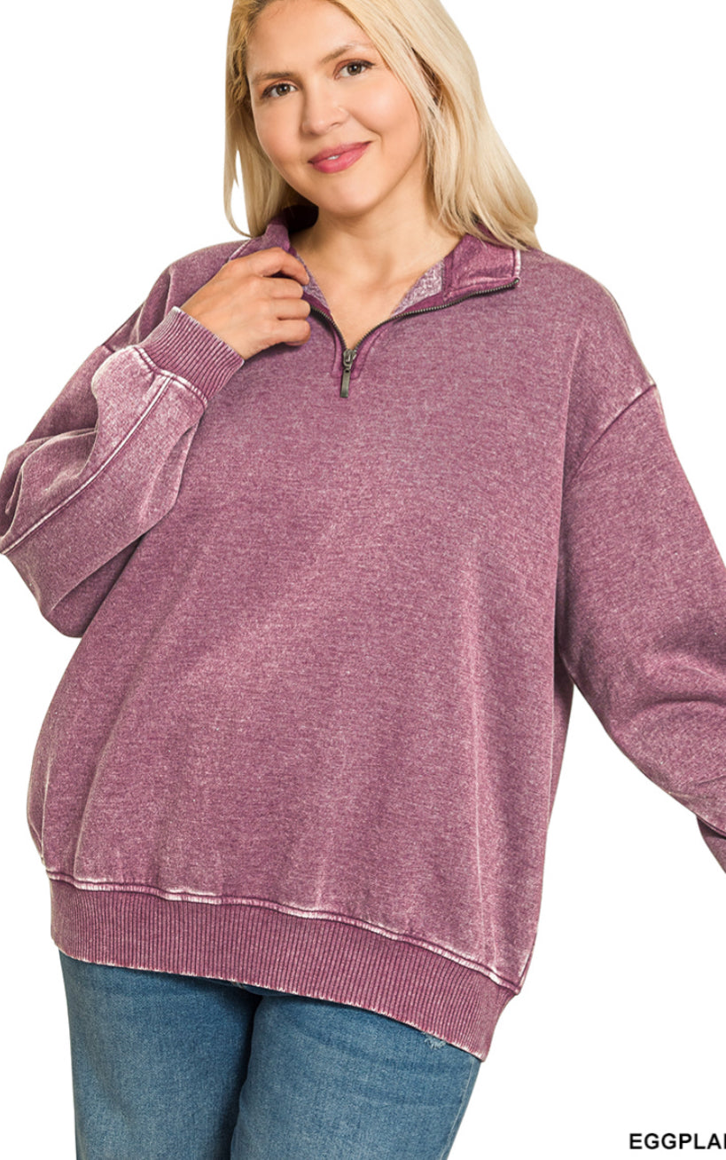 Eggplant Acid Wash Half Zip Pullover