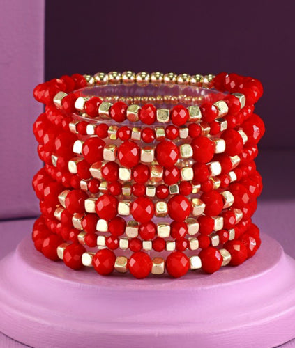 Red set of 9 glass bead bracelets