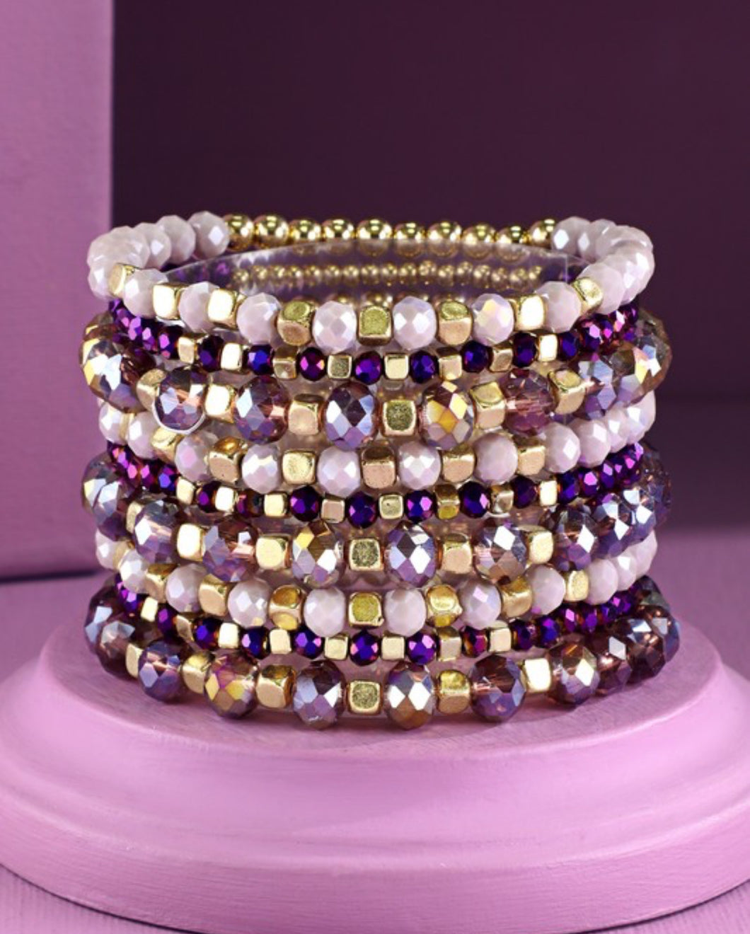 Purple set of 9 glass bead bracelets