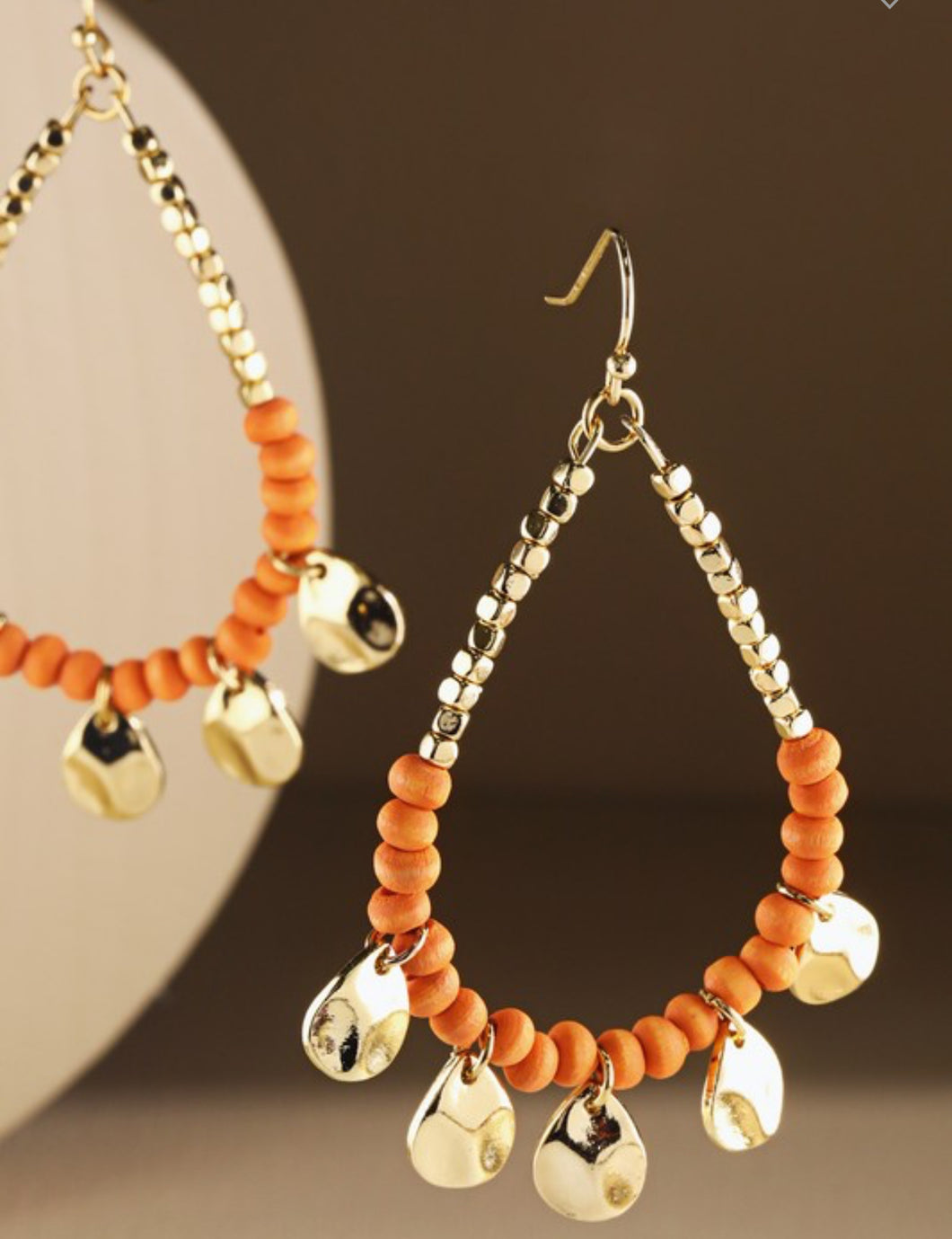 Coral wood bead teardrop dangle earrings