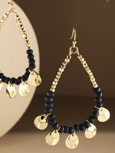 Black and gold wood bead teardrop dangle earrings