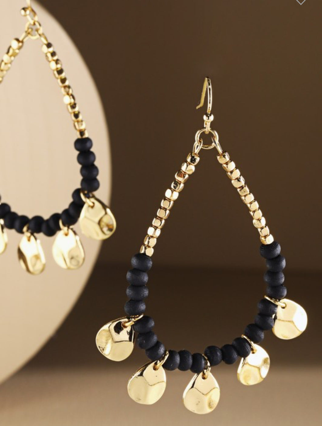 Black and gold wood bead teardrop dangle earrings