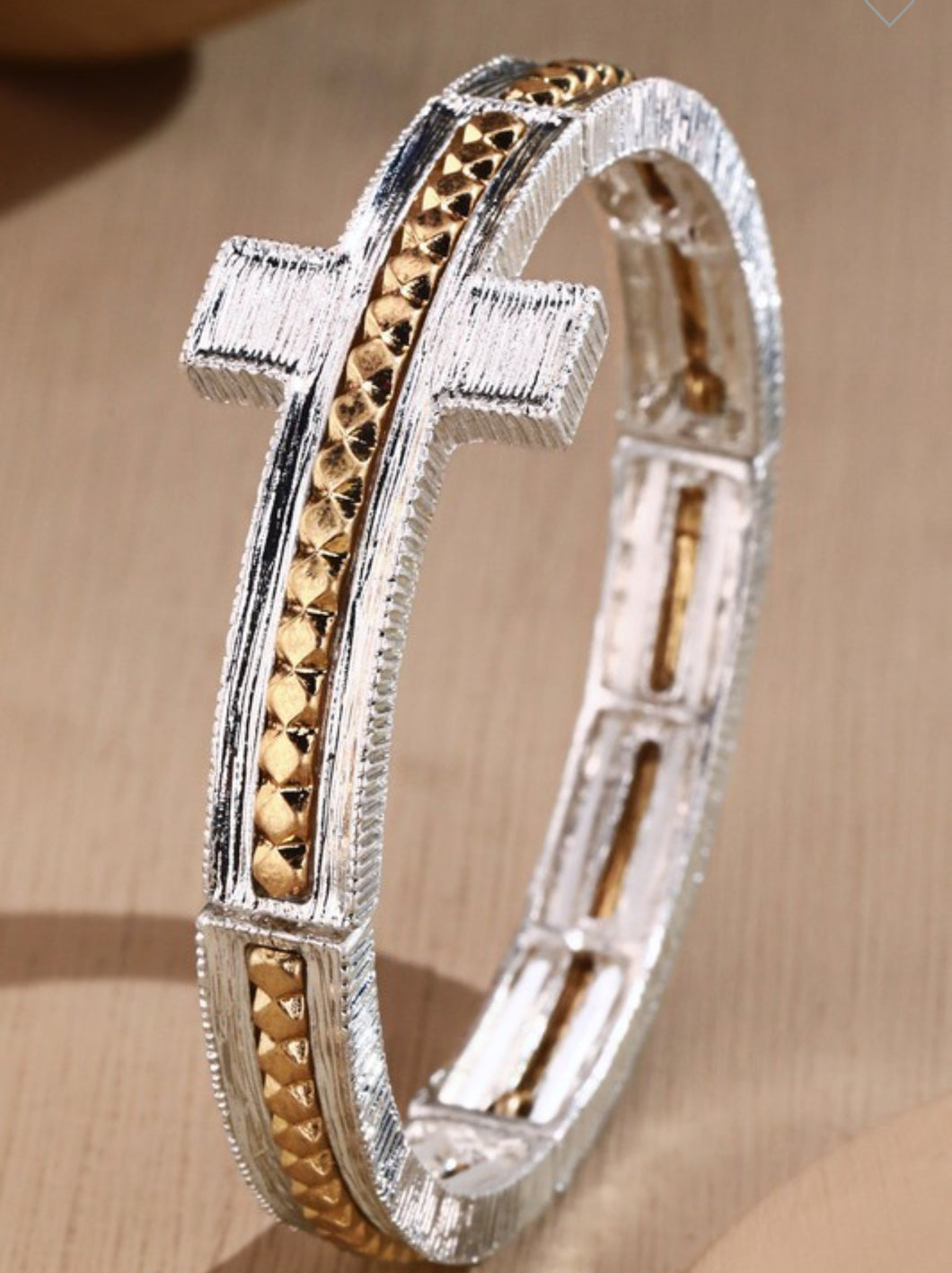 Silver and gold textured stretch cross bracelet