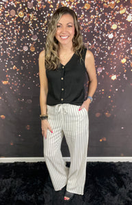 Ivory and black striped pants w/drawstring waist