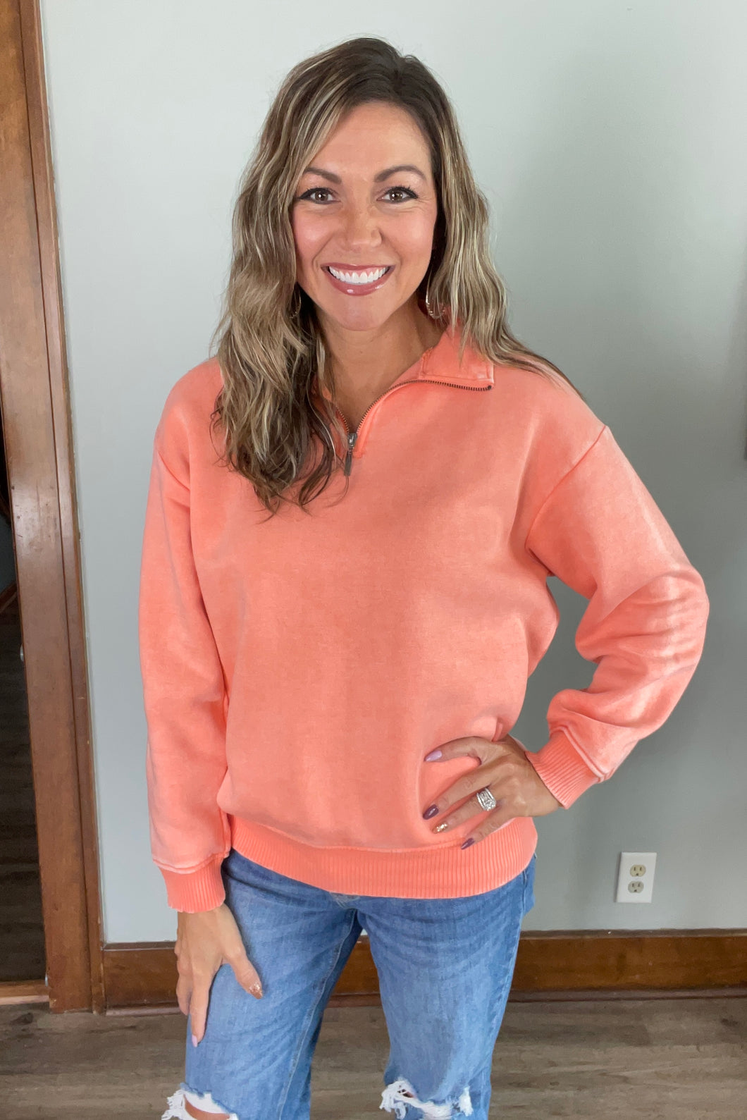 Orange Acid Wash Half Zip Pullover