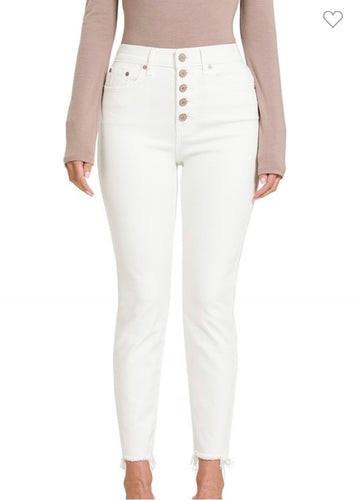 White Zenana button fly raw hem skinny pants