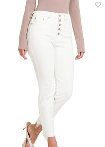 White Zenana button fly raw hem skinny pants