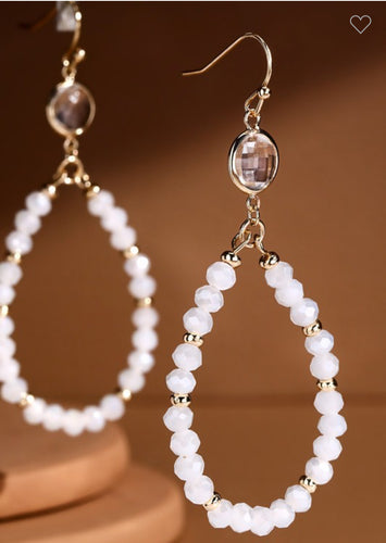 White glass bead teardrop earrings