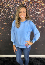 Load image into Gallery viewer, Deep sky acid wash exposed seam sweatshirt