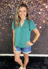 Load image into Gallery viewer, Dusty teal ruffle vneck crinkle top
