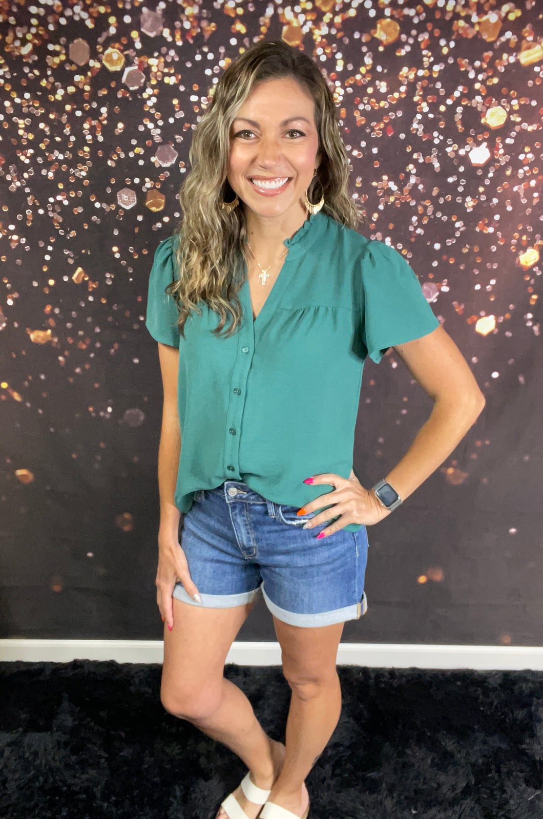 Dusty teal ruffle vneck crinkle top