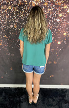 Load image into Gallery viewer, Dusty teal ruffle vneck crinkle top