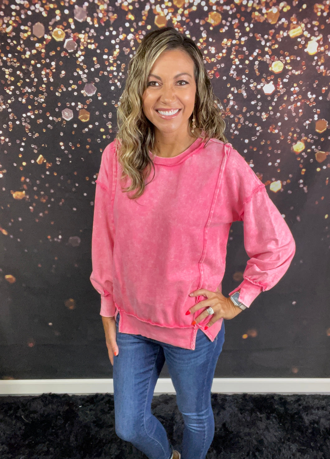 Fuchsia acid wash exposed seam sweatshirt