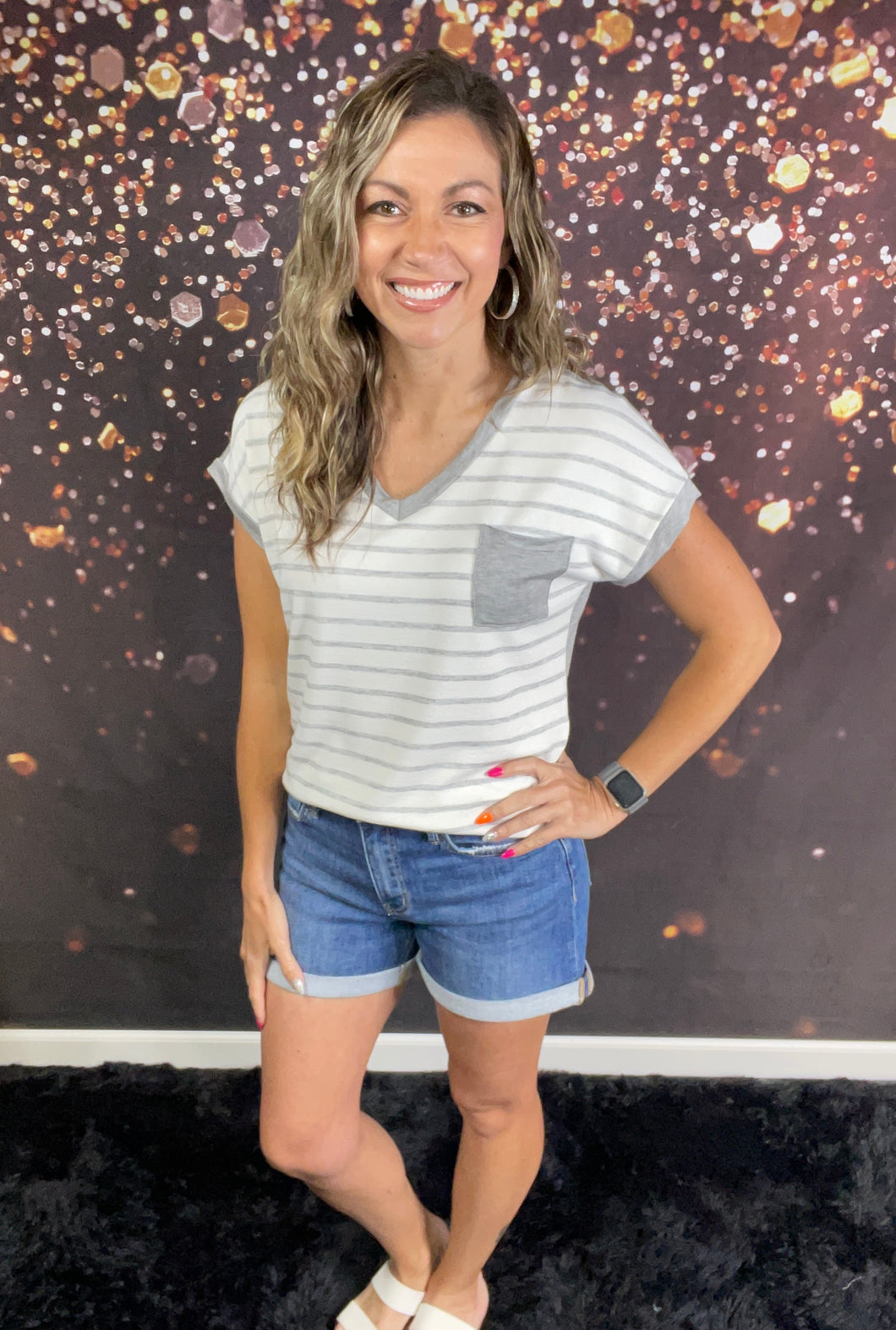 Heather grey v-neck striped top
