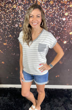 Load image into Gallery viewer, Heather grey v-neck striped top