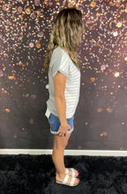 Load image into Gallery viewer, Heather grey v-neck striped top