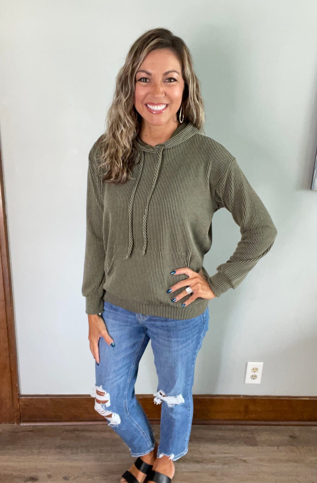 Olive ribbed hoodie