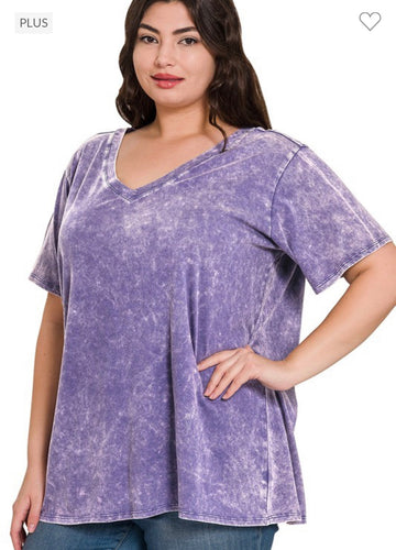 Purple acid washed v neck top