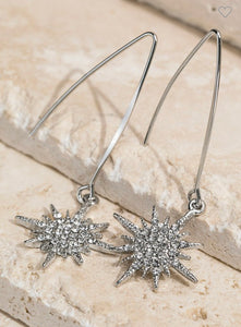 Silver starburst long wire hook earrings